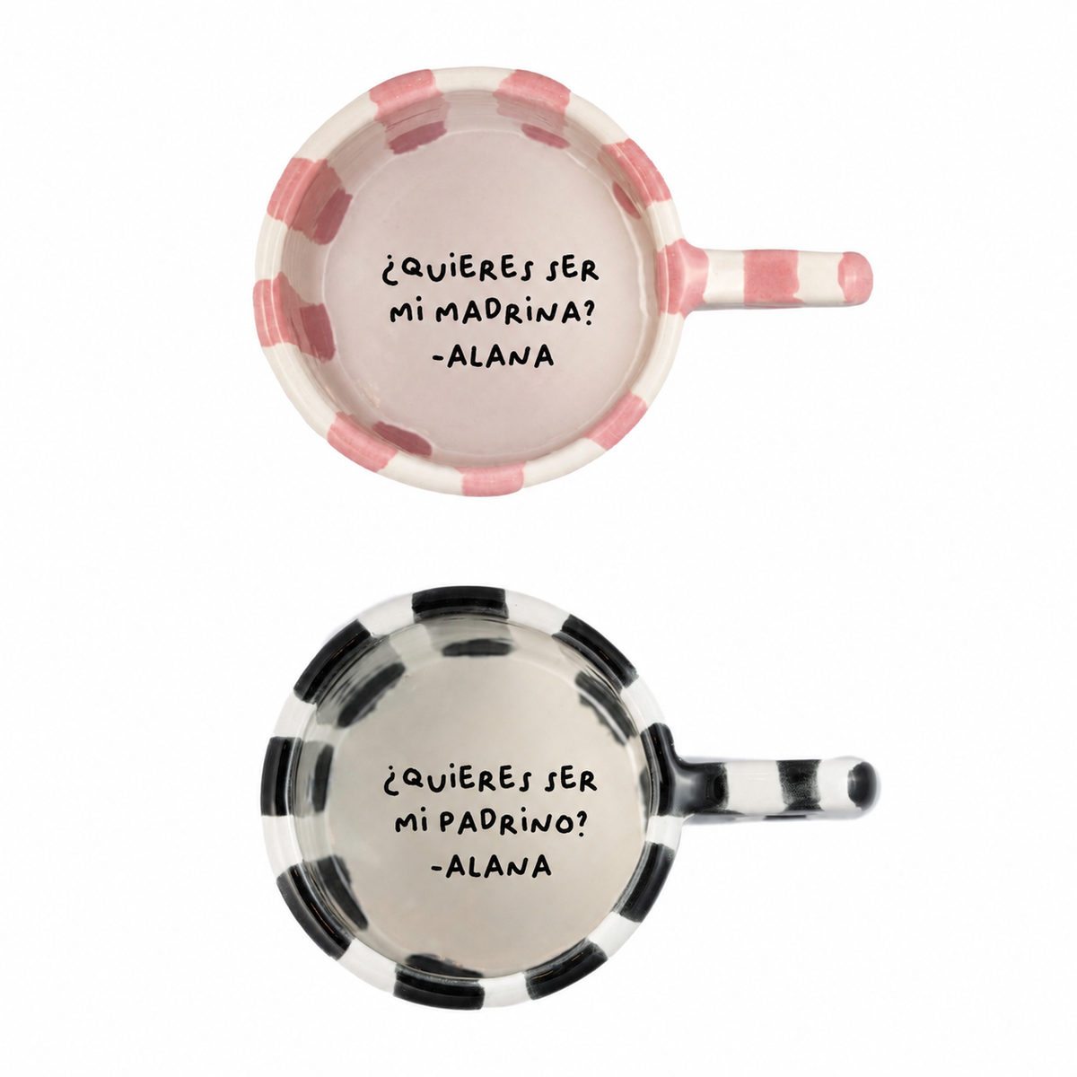 Set de tazas Zebra Madrina y Padrino de cerámica artesanal Calamina, vista de detalle
